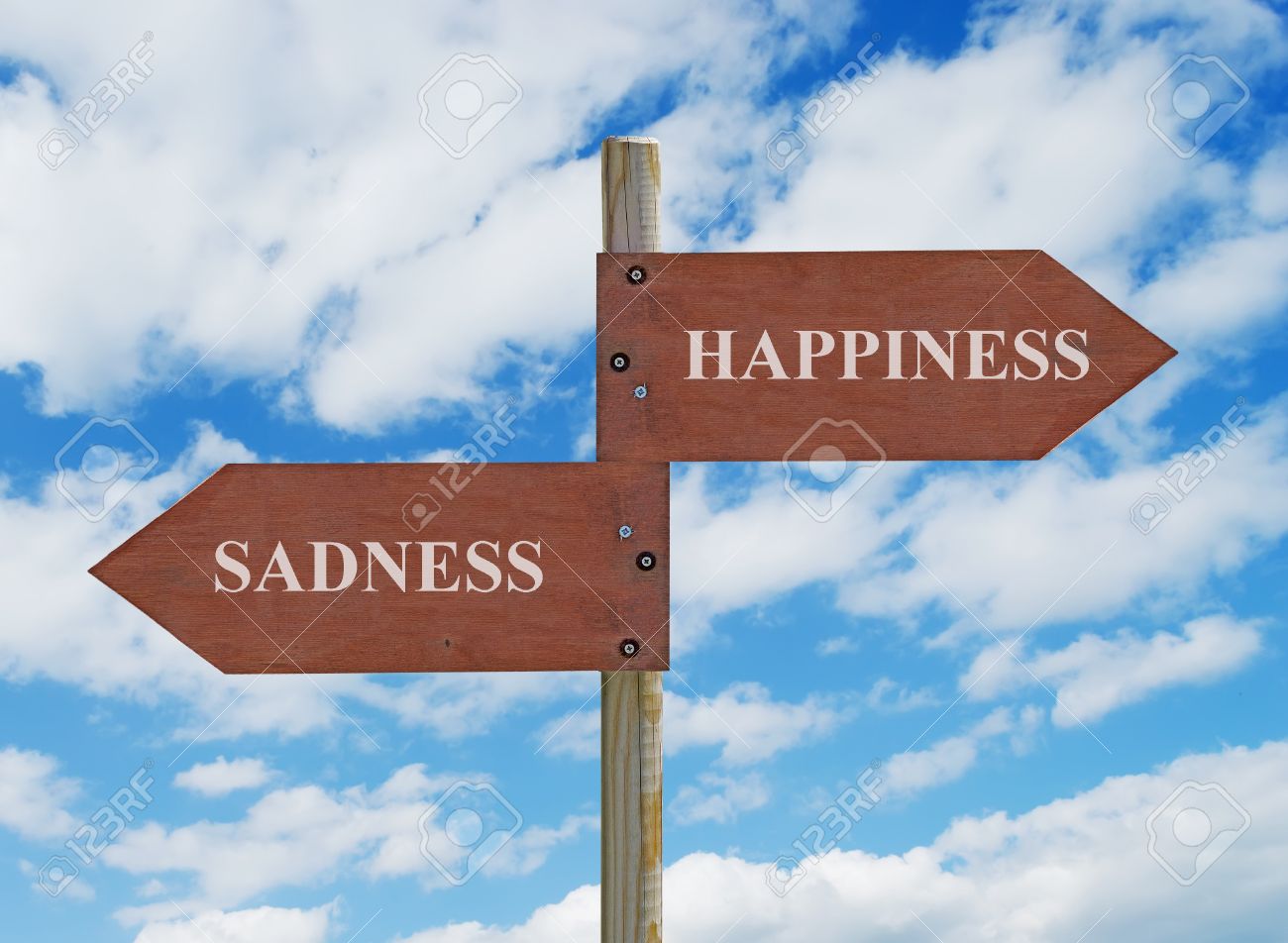 18917475-wooden-crossroad-sign-on-cloudy-background-with-happiness-vs-sadness-writing-Stock-Photo