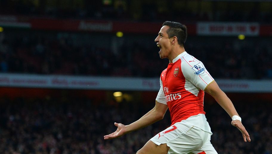 Arsenal's Chilean striker Alexis Sanchez celebrates scoring the opening goal during the English Premier League football match between Arsenal and West Bromwich Albion at the Emirates Stadium in London on April 21, 2016. / AFP / GLYN KIRK / RESTRICTED TO EDITORIAL USE. No use with unauthorized audio, video, data, fixture lists, club/league logos or 'live' services. Online in-match use limited to 75 images, no video emulation. No use in betting, games or single club/league/player publications. / (Photo credit should read GLYN KIRK/AFP/Getty Images)