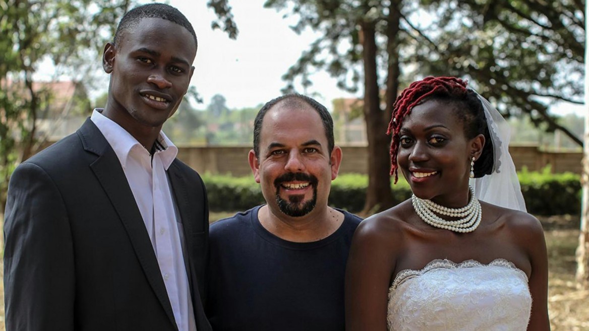 Gilad Millo with theater director Catherine Enane and dancer Tony Toselito Tosedo during the shooting of the music video for his song Sema Milele