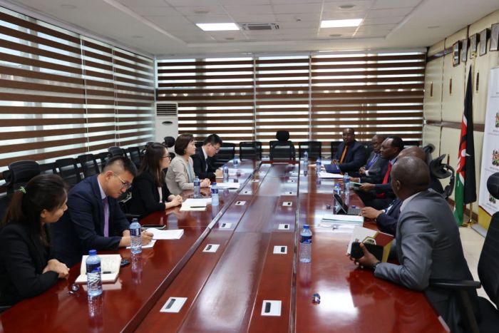 Kenya Treasury Principal Secretary Chris Kiptoo holding a meeting with Chinese delegation in Nairobi
